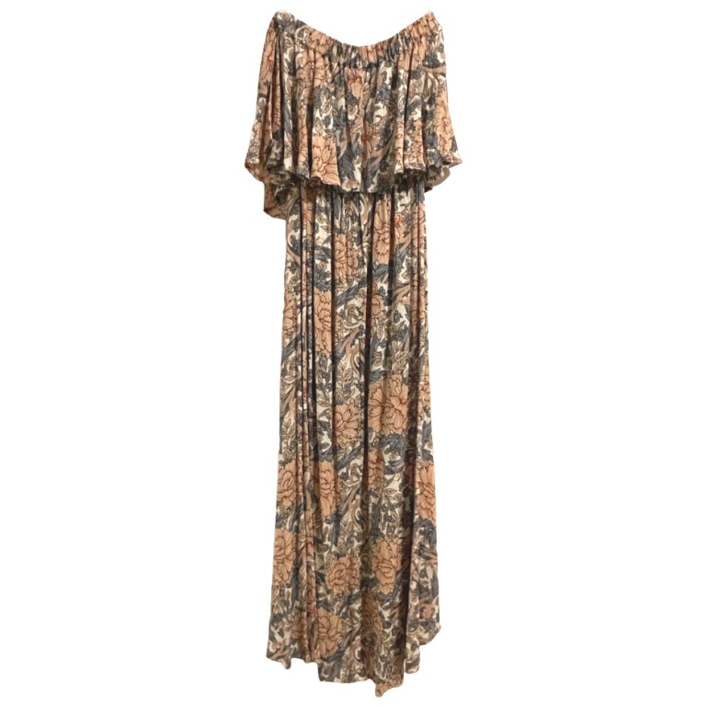 KORI America Peach Pink Off White Blue Floral Print Strapless Maxi Dress